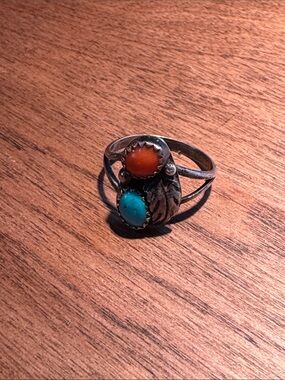 Vintage Navajo Sterling Coral and Turquoise Ring Size 6